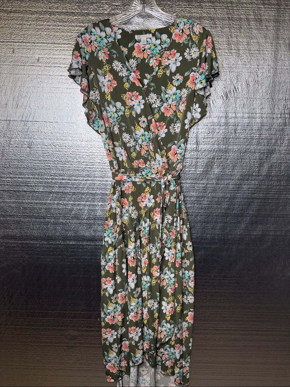 Cato Olive Floral High-Low Wrap Dress
